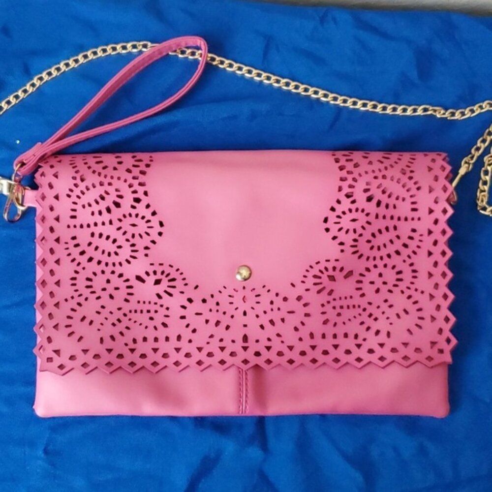 Yoki Faux Leather Pink Laser Cut Crossbody Clutch Convertible Wristlet bag